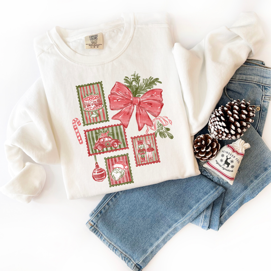 Christmas Stamps and Bow Comfort Colors Sweatshirt