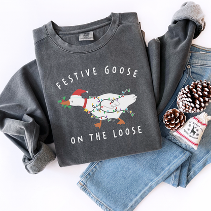 Festive Goose On The Loose Comfort Colors Sweatshirt