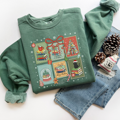 Bookish Christmas Stamps Comfort Colors Sweatshirt