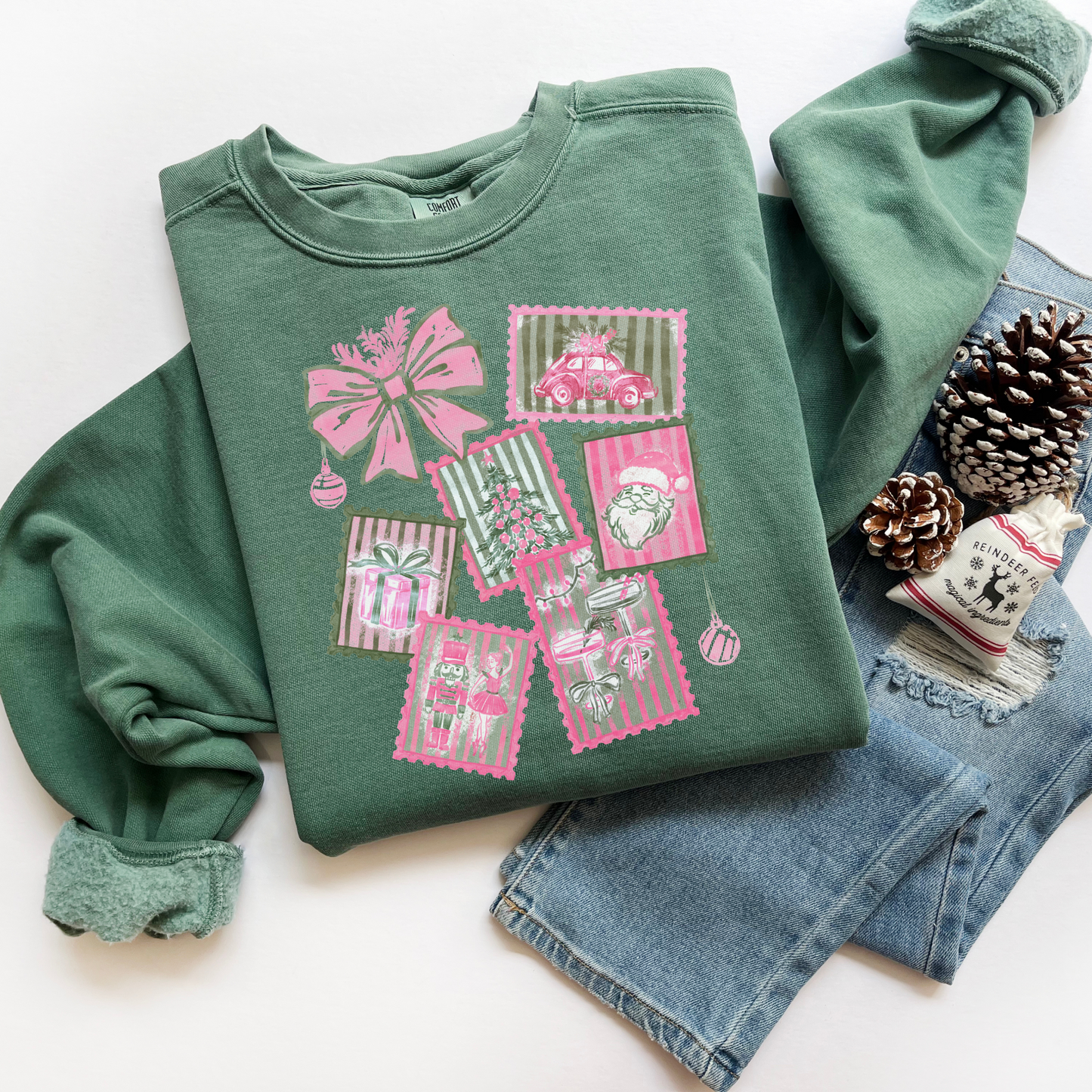 Pink Christmas Stamps Comfort Colors Sweatshirt