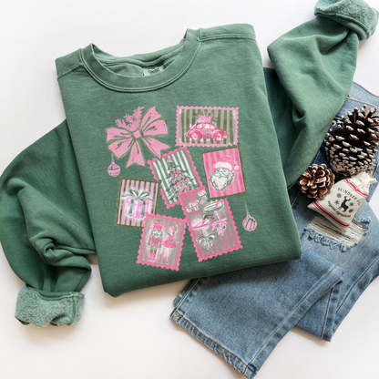 Pink Christmas Stamps Comfort Colors Sweatshirt
