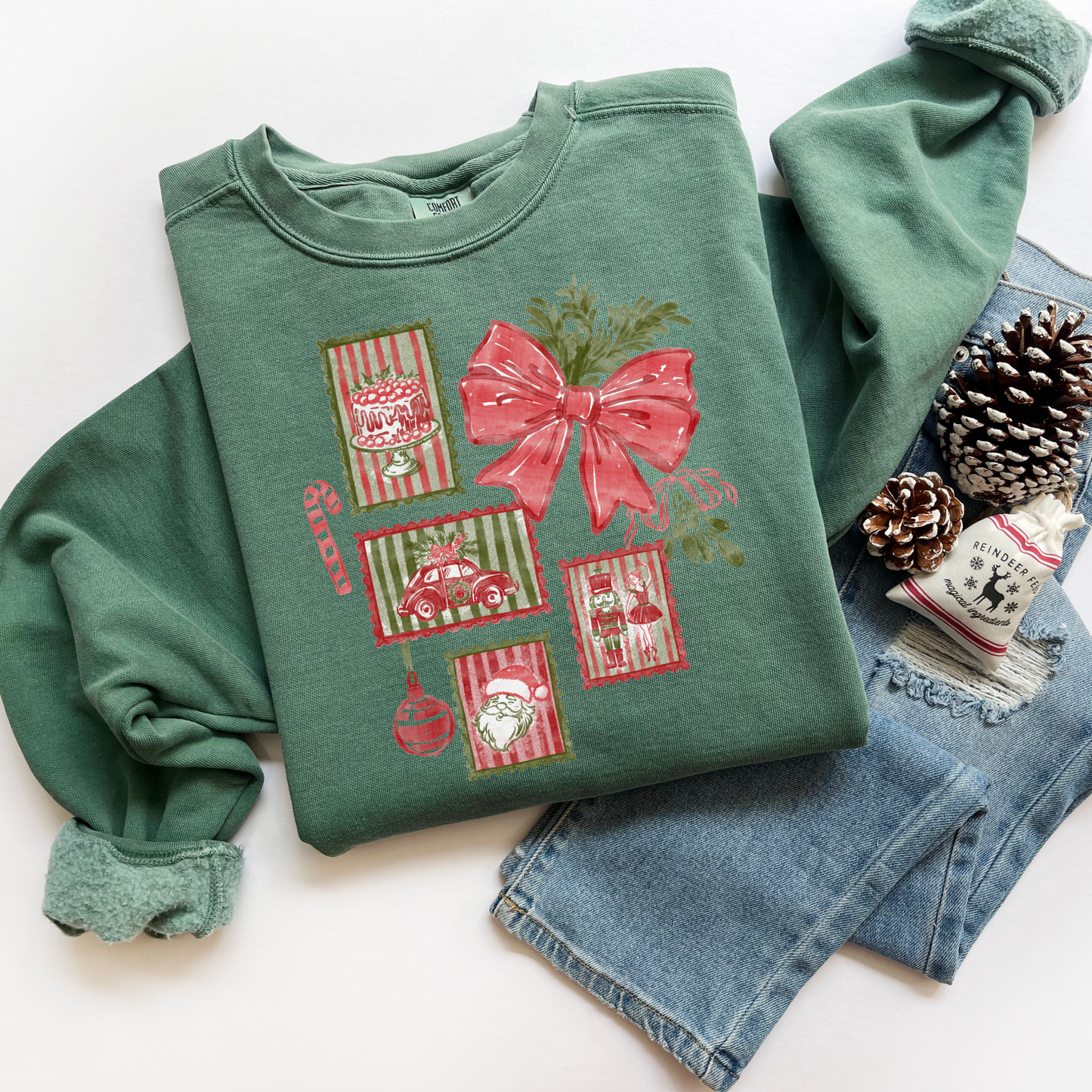 Christmas Stamps and Bow Comfort Colors Sweatshirt