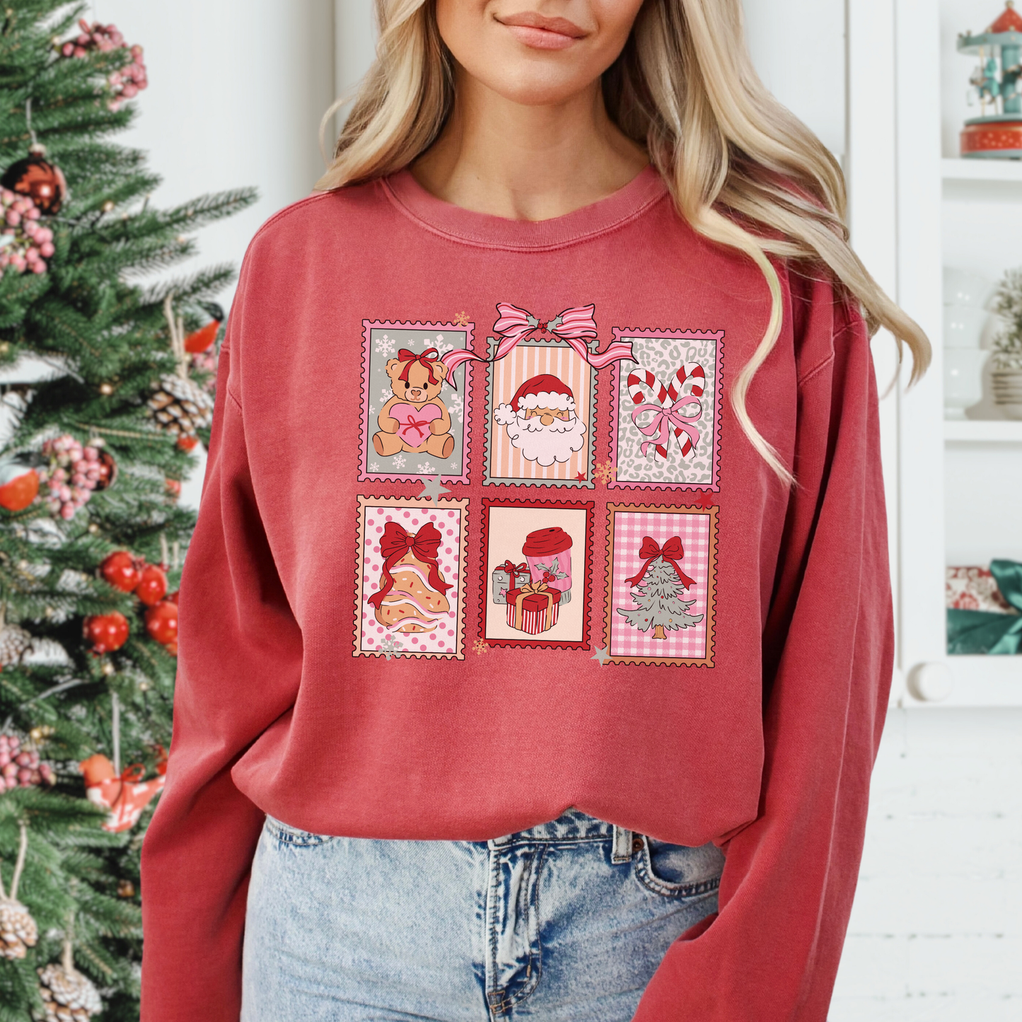 Retro Christmas Stamps Comfort Colors Sweatshirt