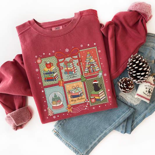 Bookish Christmas Stamps Comfort Colors Sweatshirt