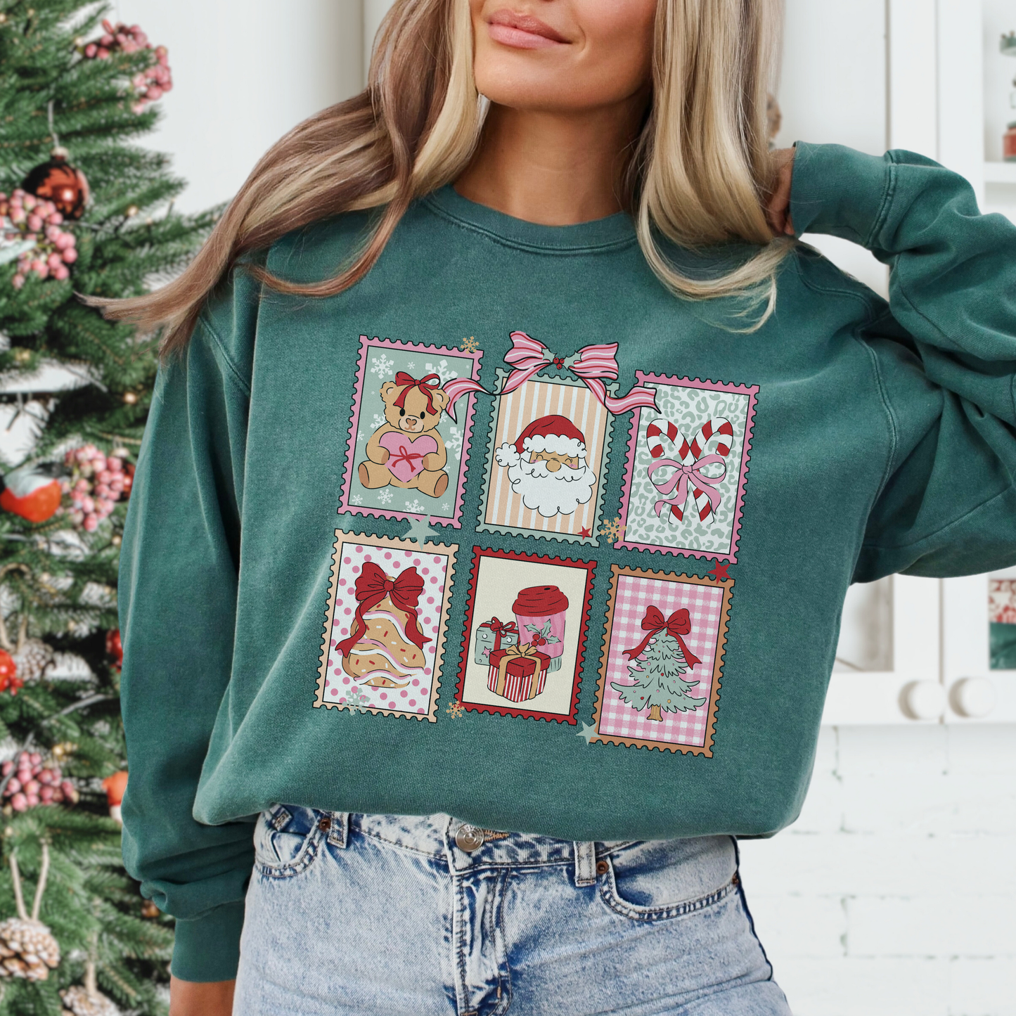 Retro Christmas Stamps Comfort Colors Sweatshirt