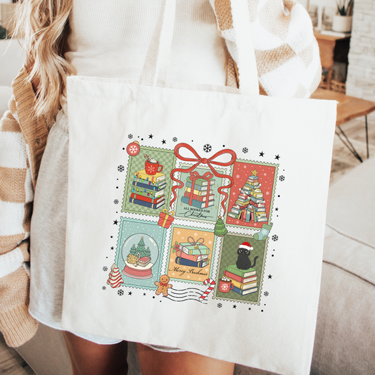 Bookish Christmas Stamps Tote Bag