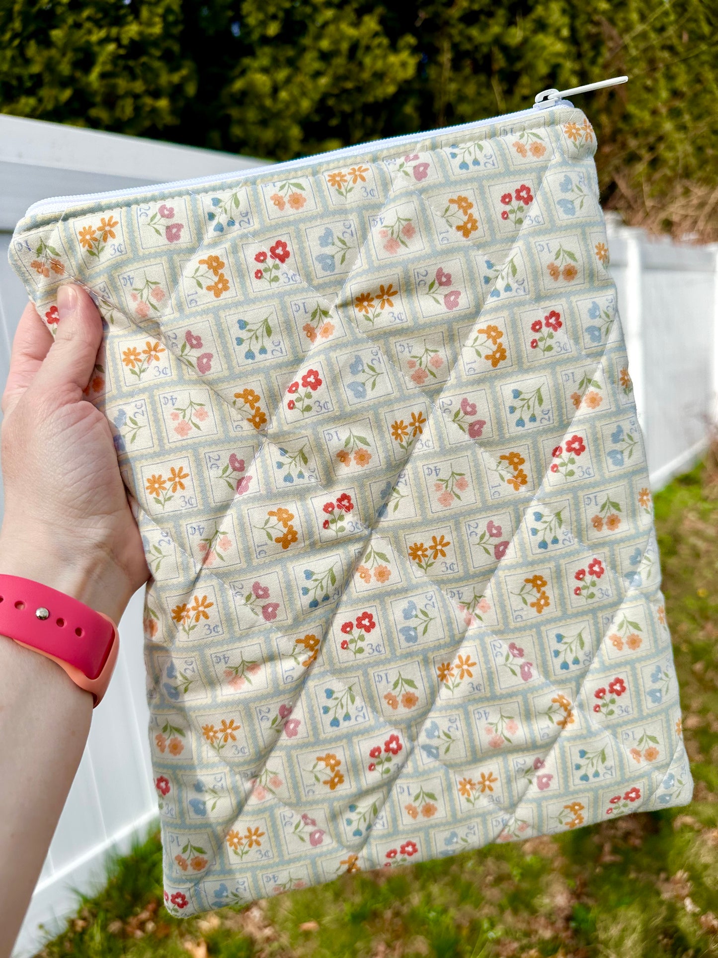 Handmade Quilted Book & Tablet Sleeve - Floral Stamps