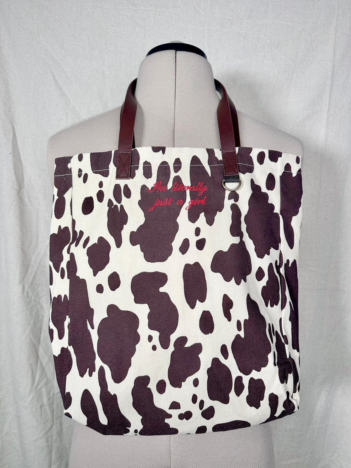 I'm Literally Just A Girl Embroidered Cow Print Tote Bag