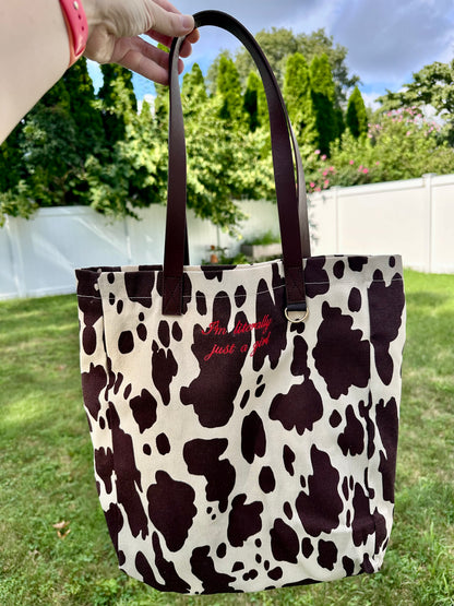 I'm Literally Just A Girl Embroidered Cow Print Tote Bag