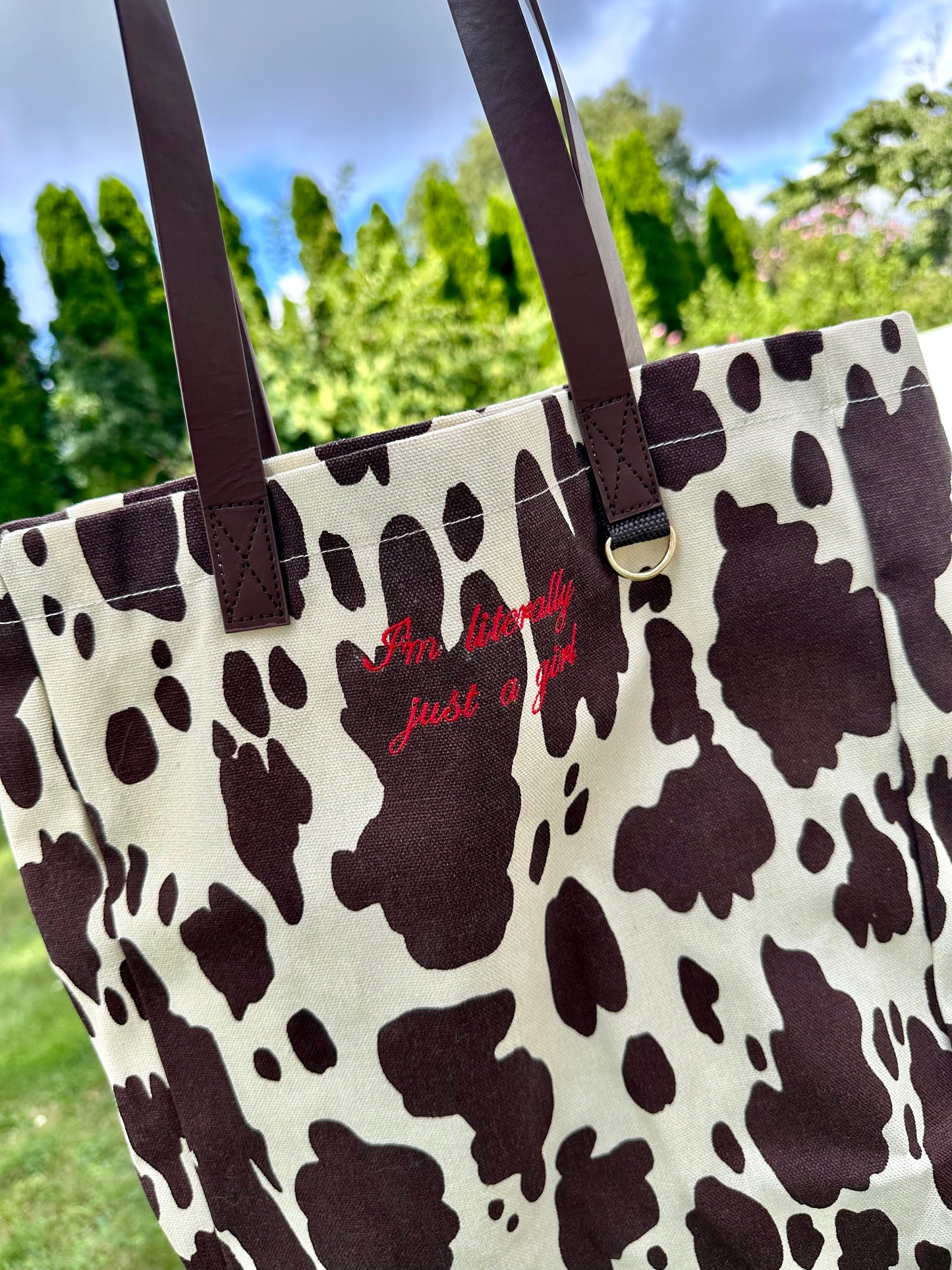 I'm Literally Just A Girl Embroidered Cow Print Tote Bag